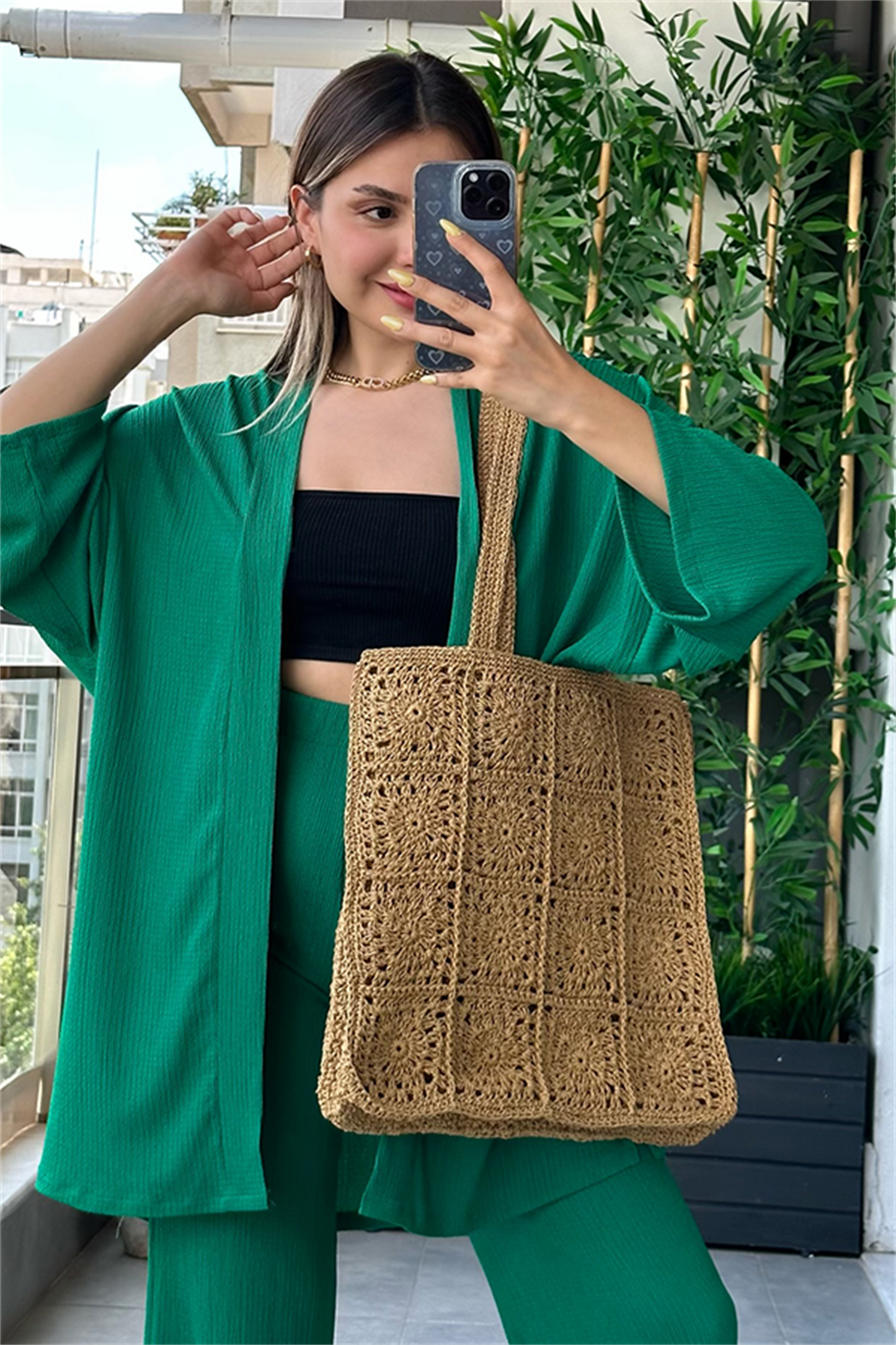 Kylo gofre kumaş kimonolu takım - Yeşil