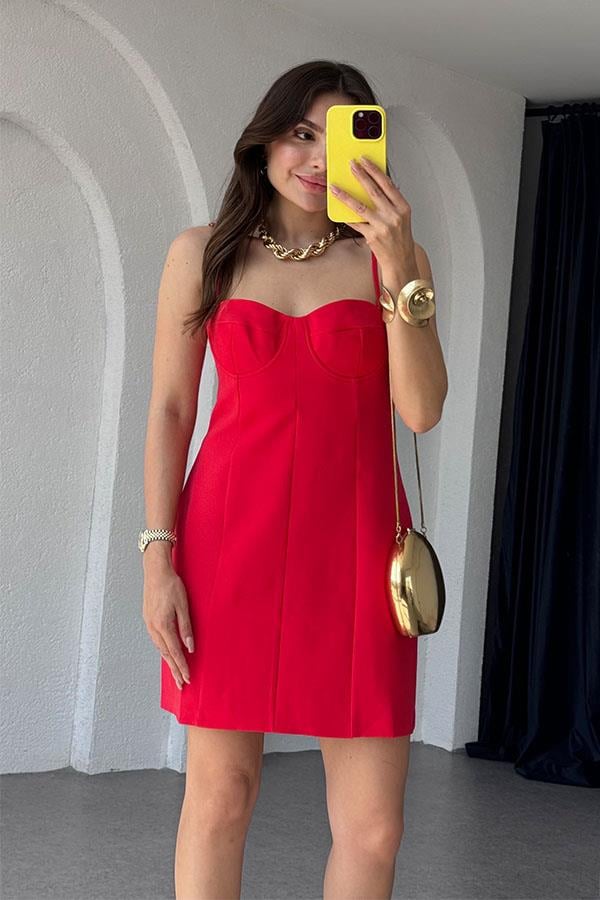 La Lune Askılı Mini Kırmızı Elbise