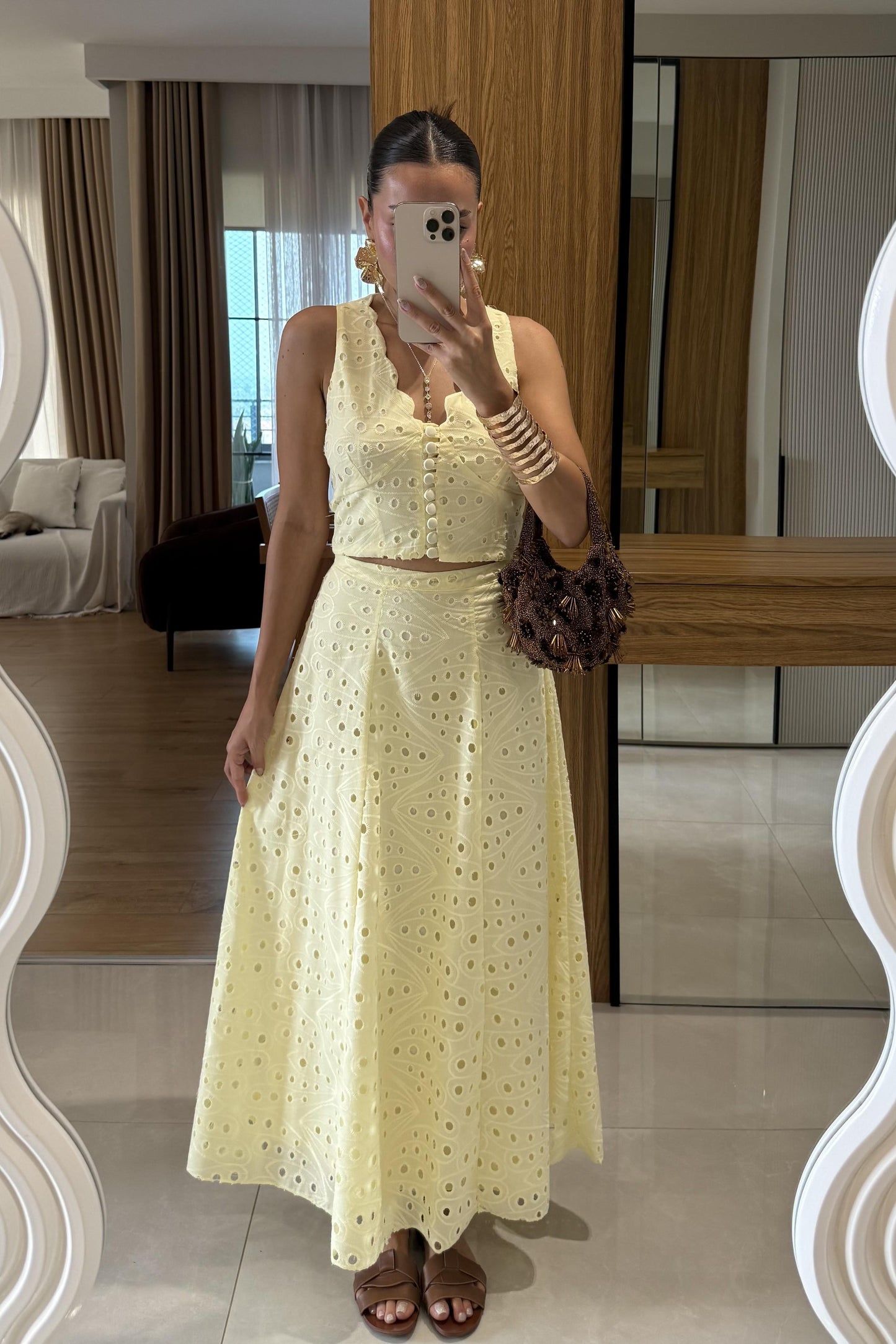 Labella Sarı Brode Etek Yelek Takım