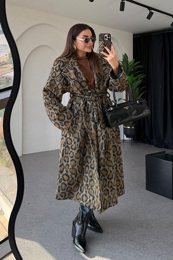 Lacerta Leopar Desen Kuşaklı Premium Kaban