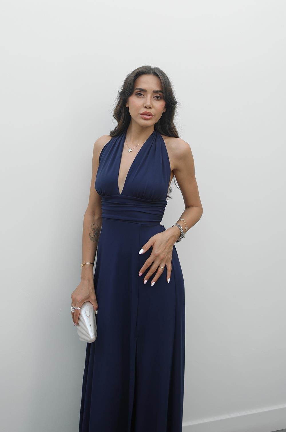 LACIVERT BOYUNDAN BAĞLAMALI ELBISE