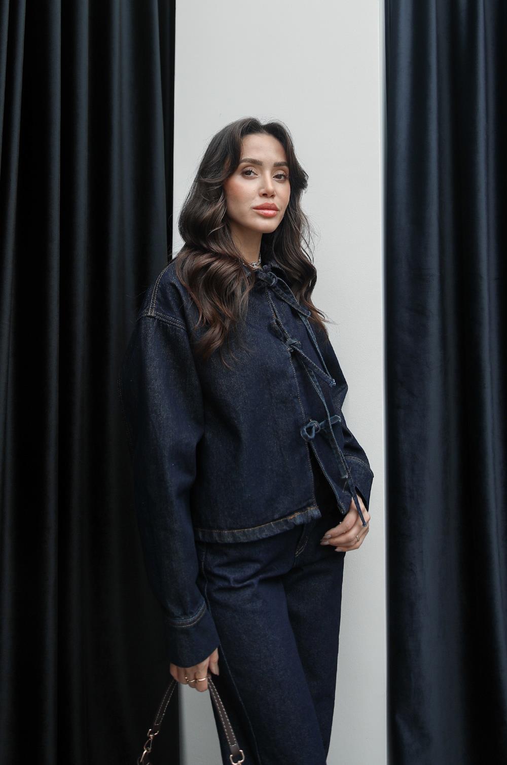 LACIVERT ÖNÜ BAĞLAMALI DENIM BLUZ CEKET