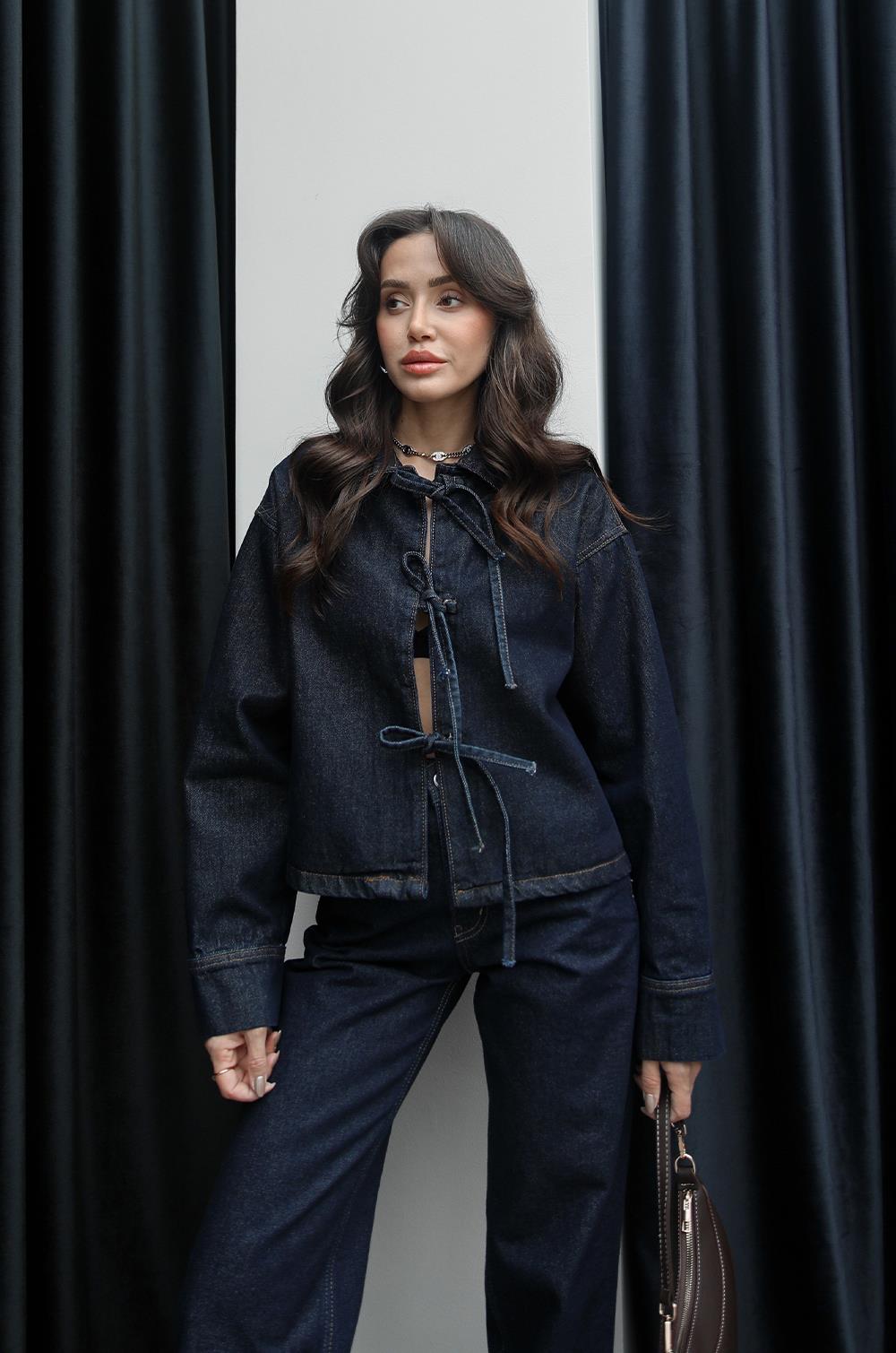 LACIVERT ÖNÜ BAĞLAMALI DENIM BLUZ CEKET