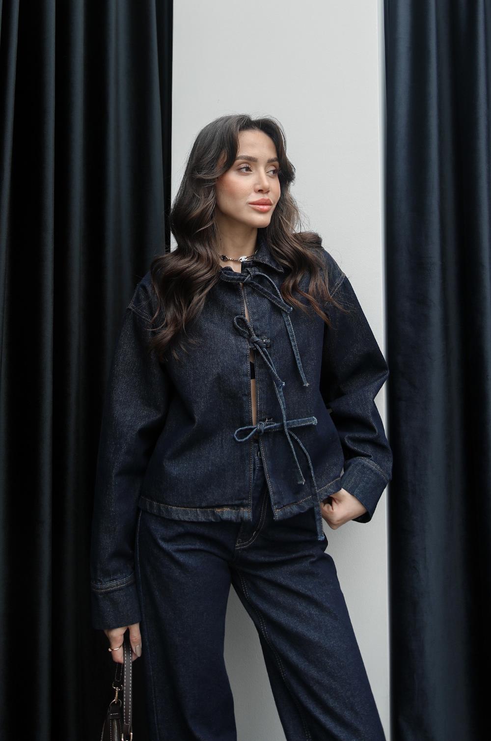 LACIVERT ÖNÜ BAĞLAMALI DENIM BLUZ CEKET