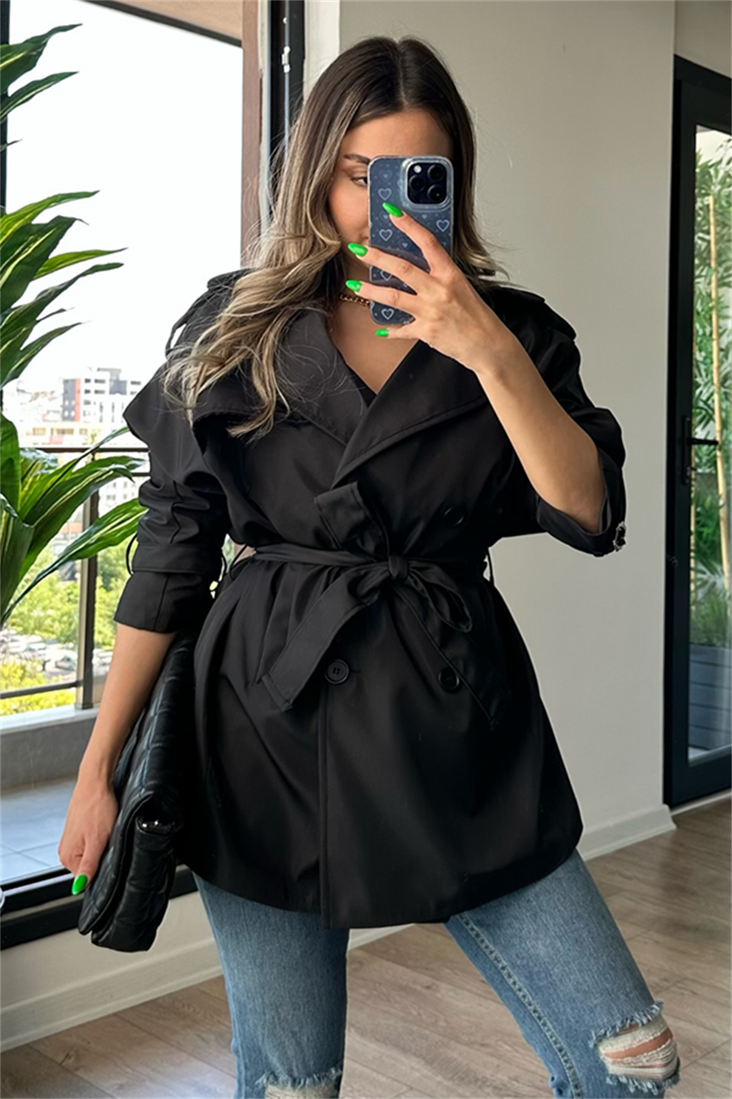 Larry bel kuşak detaylı trençkot - Siyah