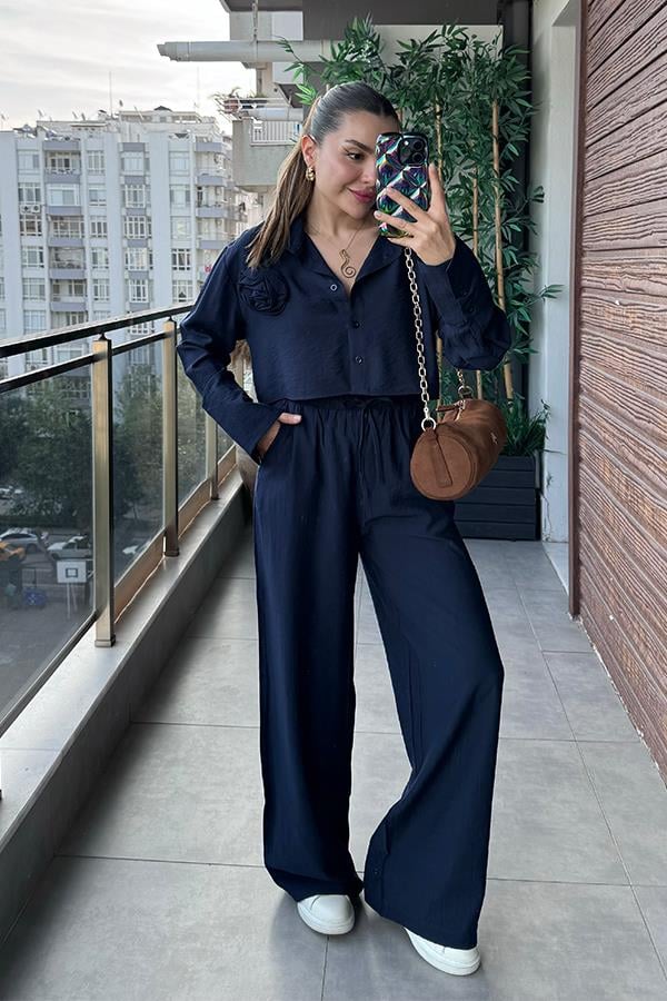 Lauran Gül Broş Detaylı İkili Takım - Lacivert