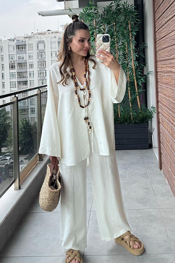 Lavin Keten Boncuklu Takım - Beyaz