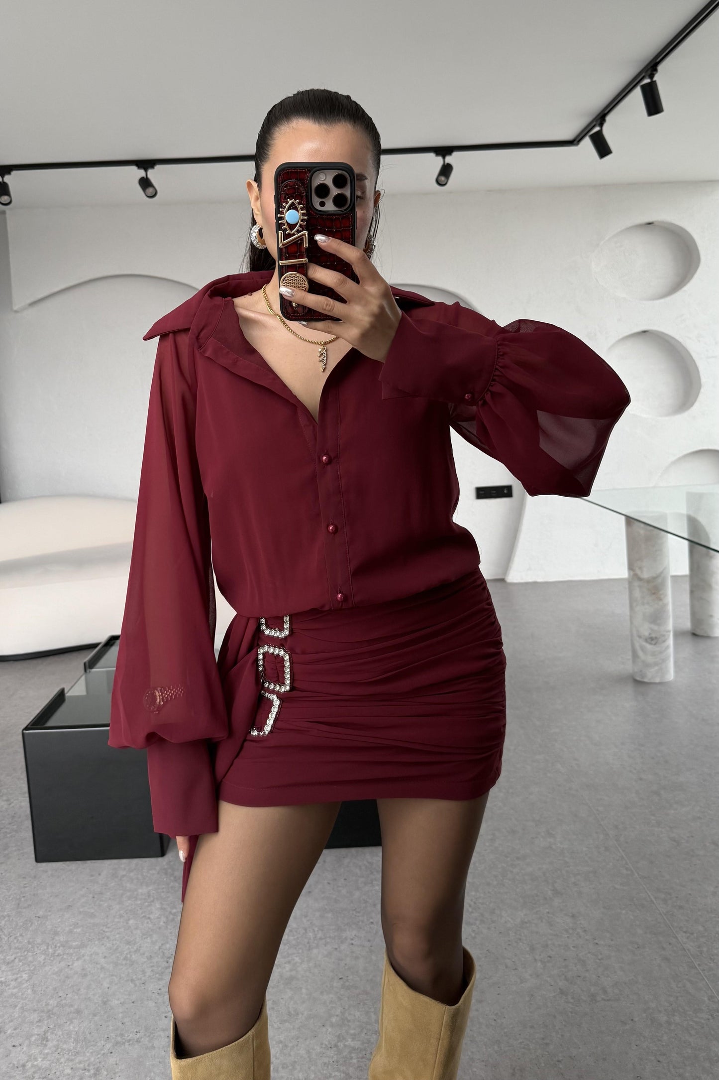 Lazio Aksesuarlı Bordo Elbise