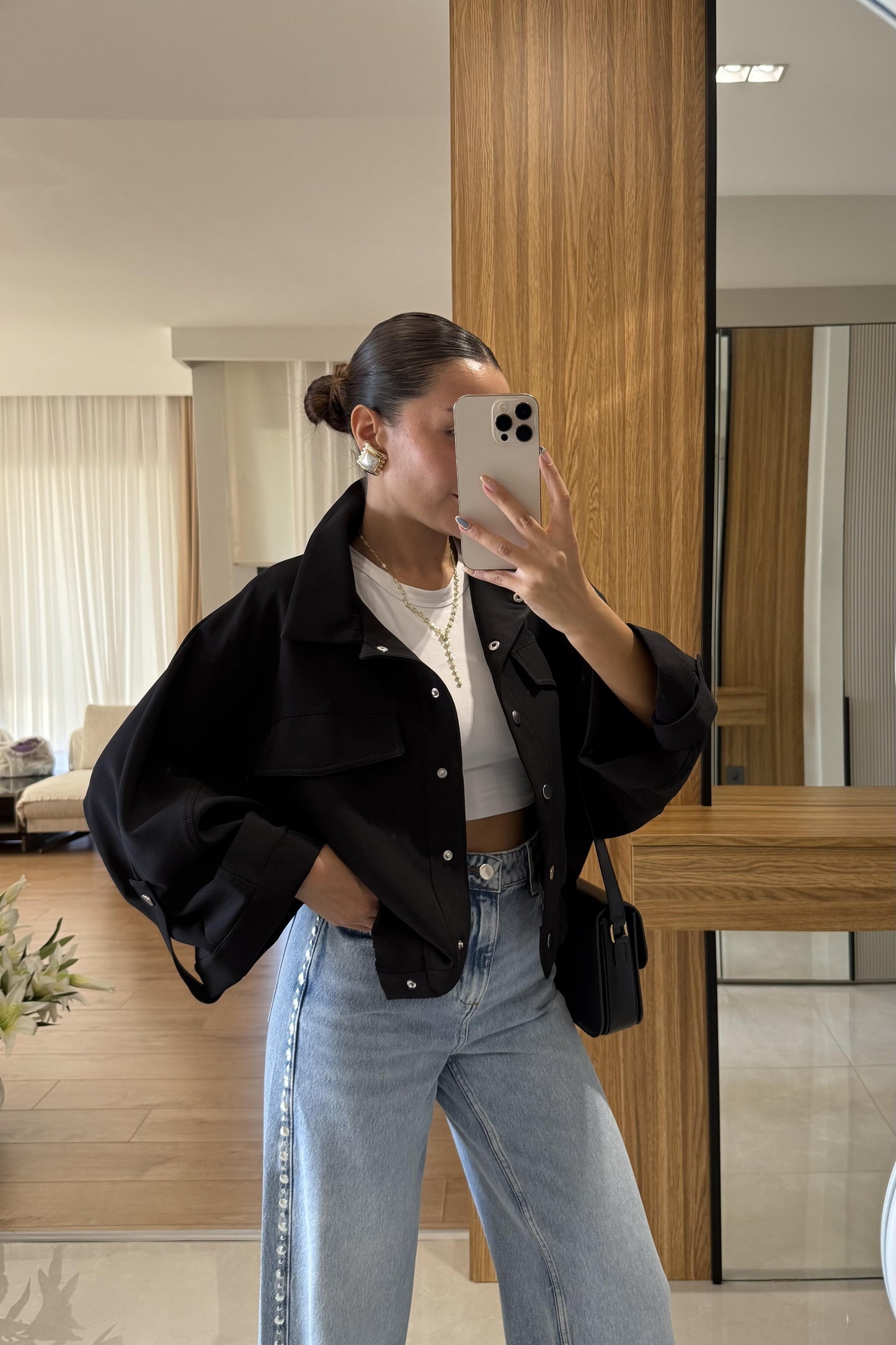 Lection Siyah Yarasa Kol Ceket