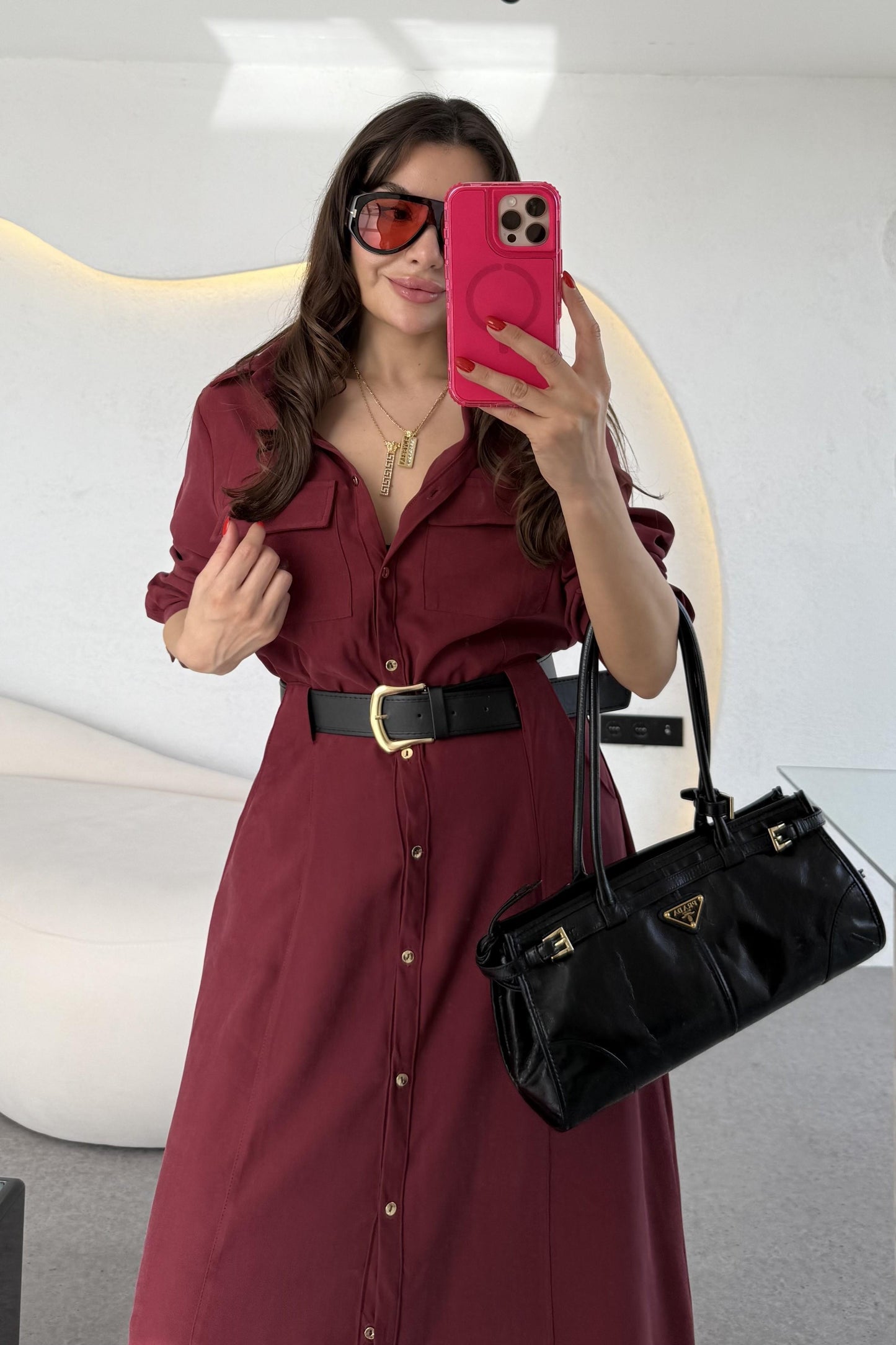 Lemmer Bordo Tensel Kemerli Elbise