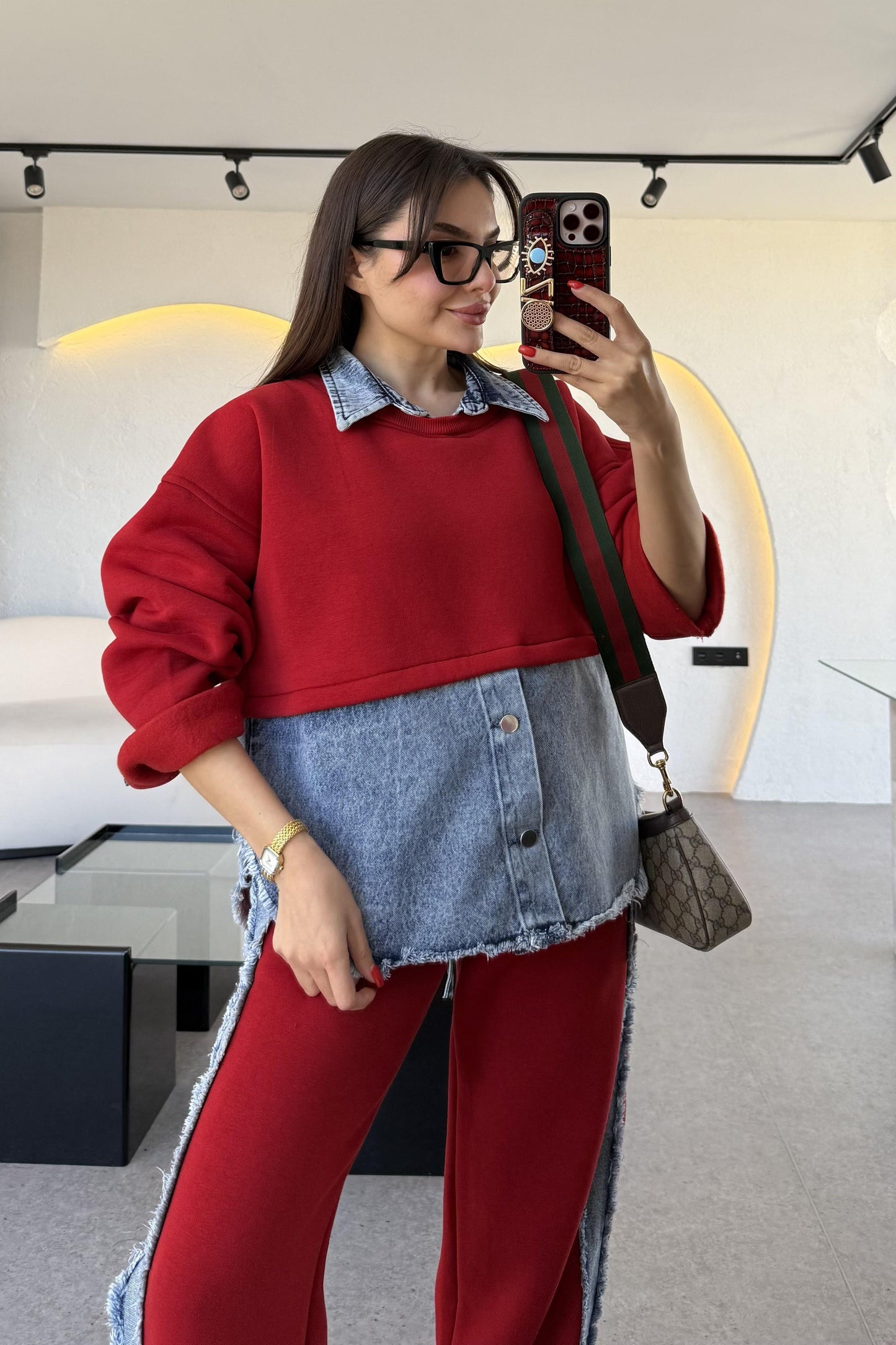 Leny Kırmızı Tasarım Şardonlu Takım