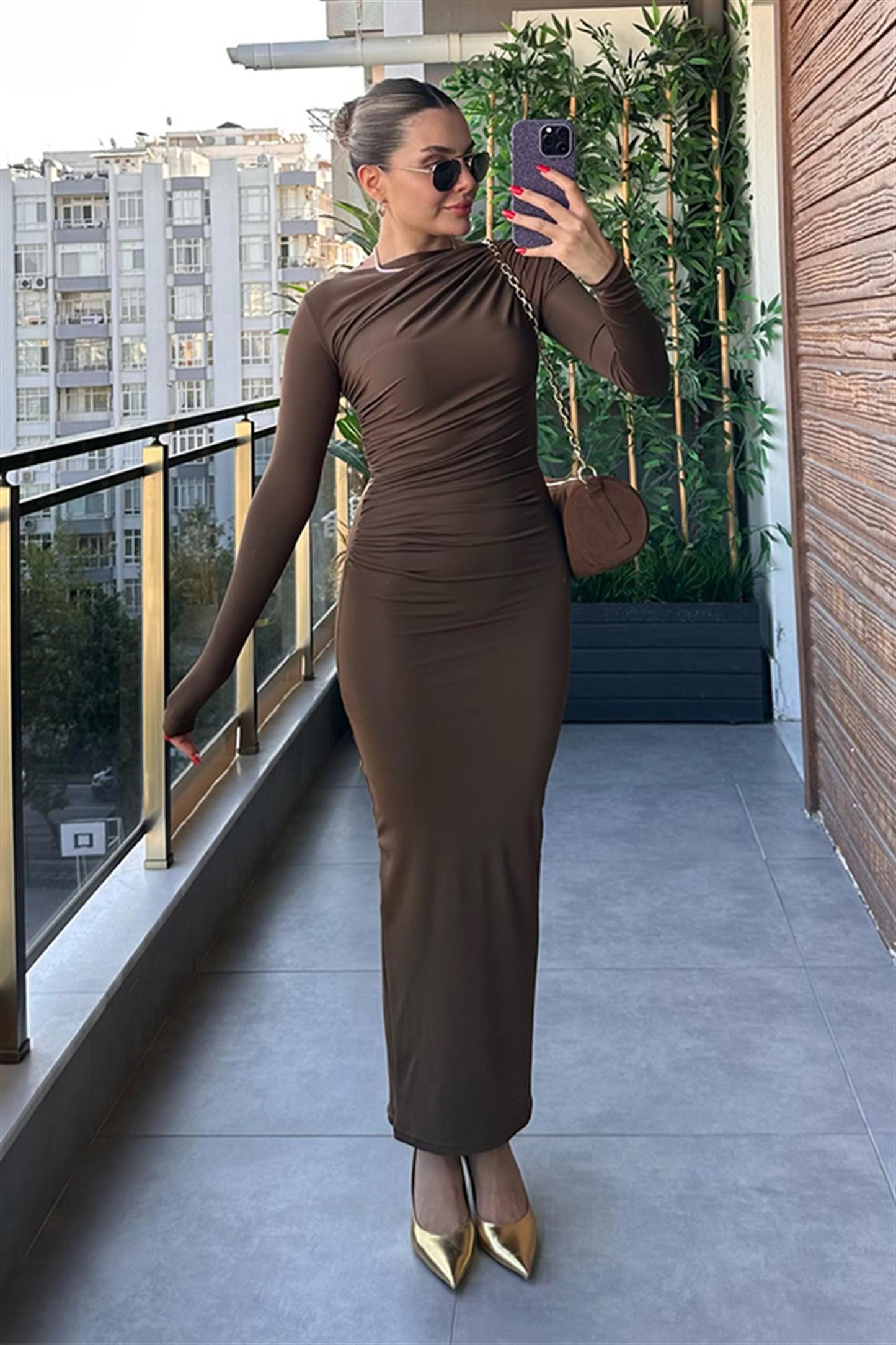 Lexa Drapeli Acı Kahve Elbise