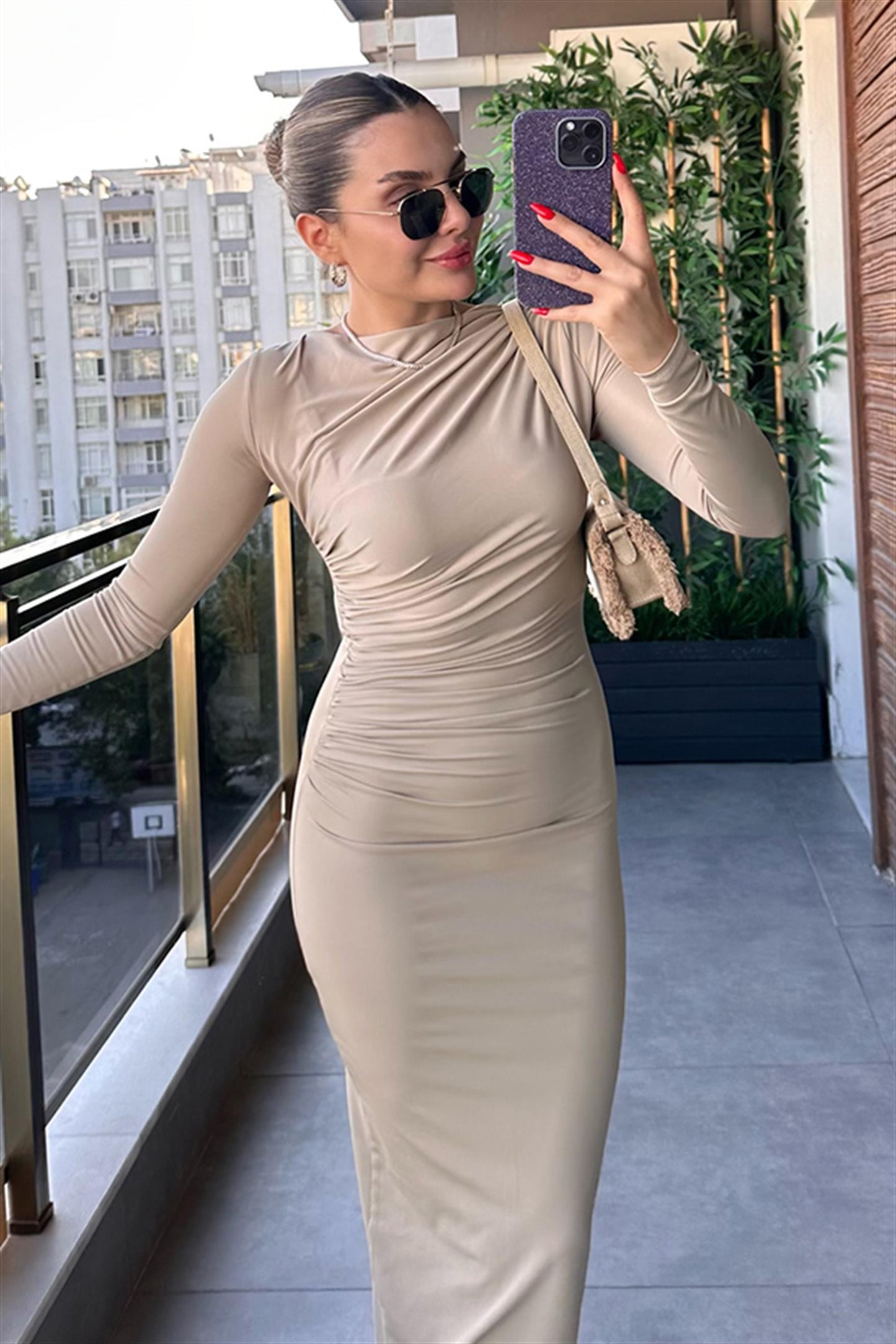 Lexa Drapeli Bej Elbise