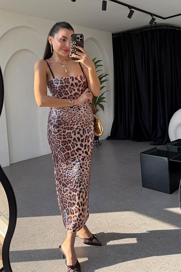 Licente Leopar Desen Pulpayet Elbise