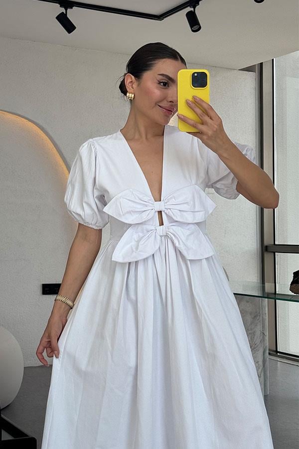 Lilian Fiyonklu Tasarım Elbise-Beyaz