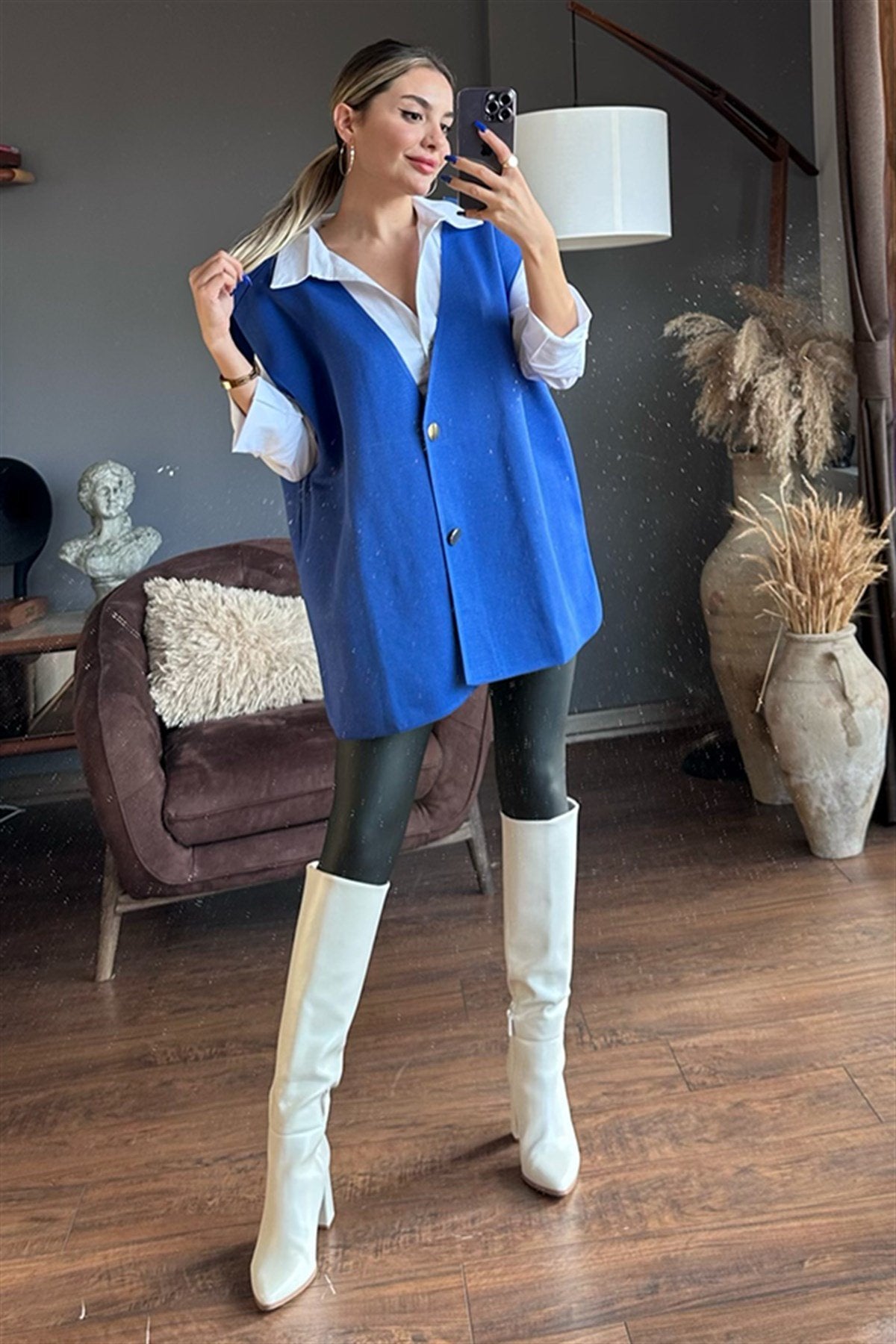 Lina oversize mavi tasarım yelek