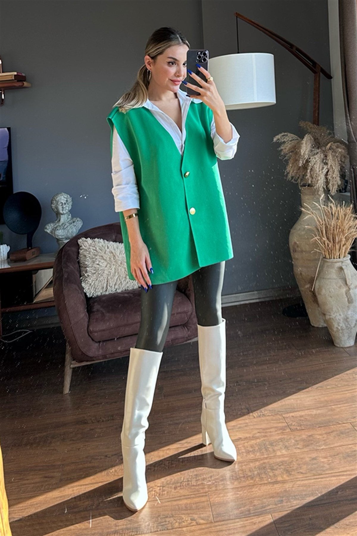 Lina oversize yeşil tasarım yelek