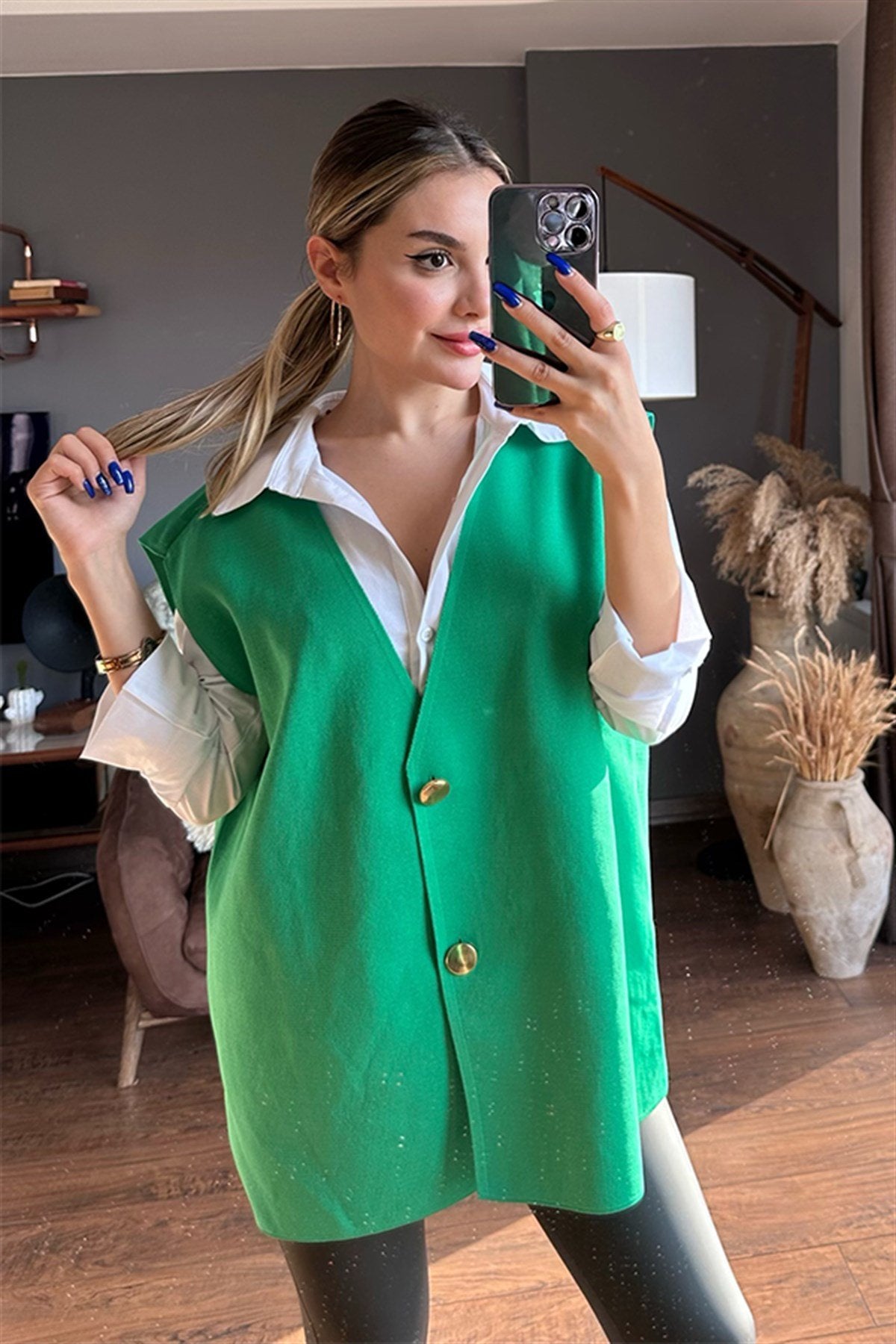 Lina oversize yeşil tasarım yelek