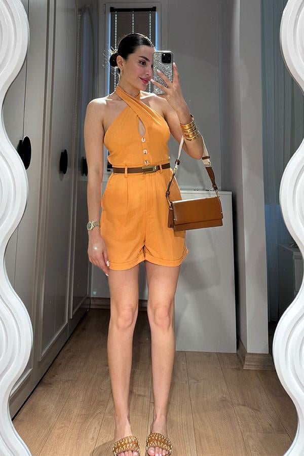 Lindon Boyundan Bağlamalı Sırt Dekolteli Şort Takım-Hardal