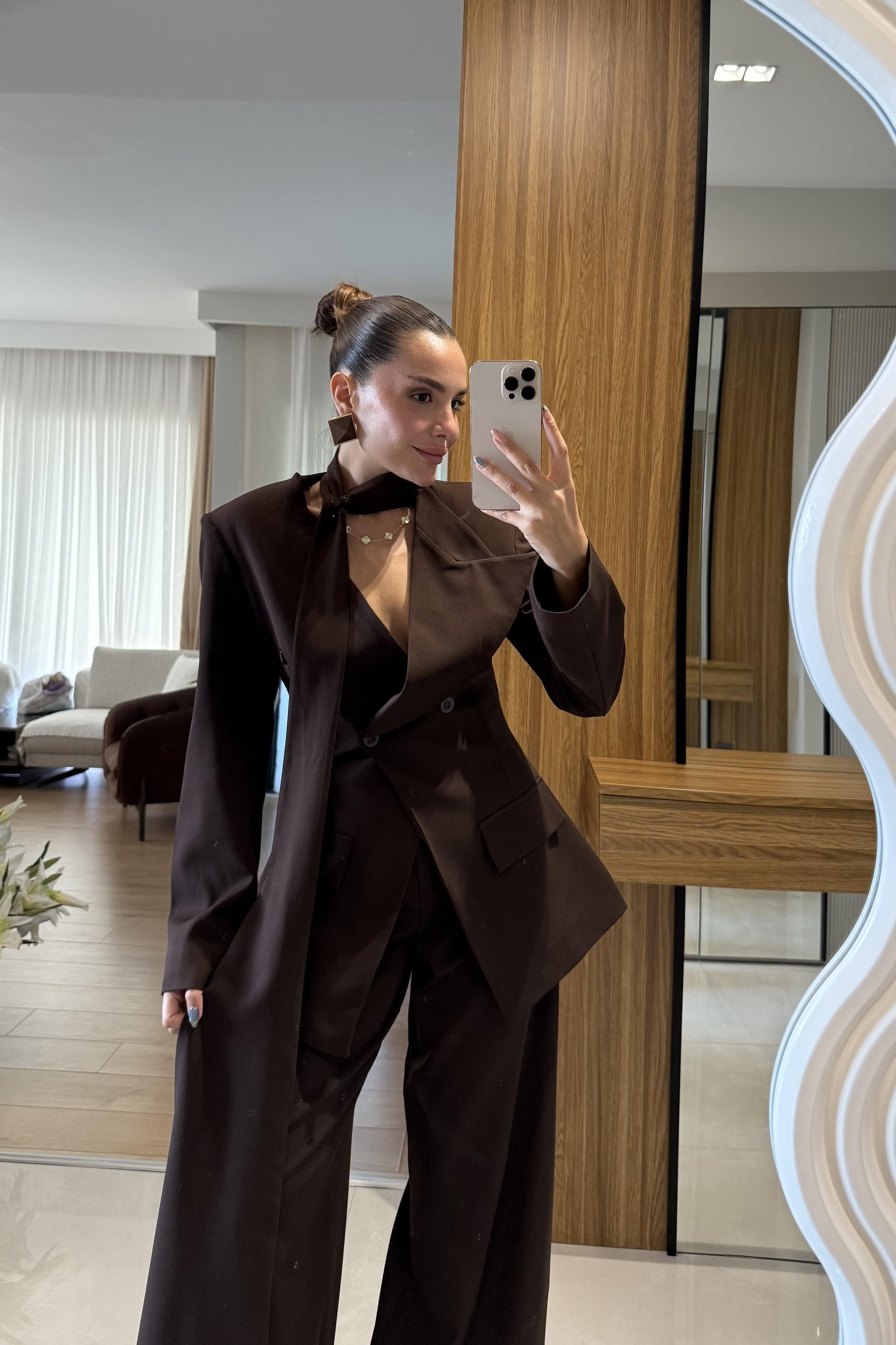 Liner Kahve Şallı Kruvaze Ceket ve Palazzo Pantolon Premium Tasarım Takım