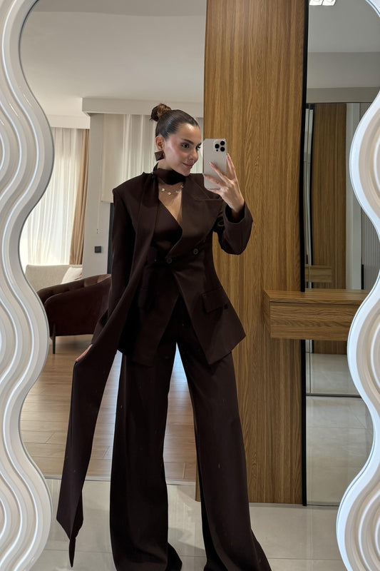 Liner Kahve Şallı Kruvaze Ceket ve Palazzo Pantolon Premium Tasarım Takım