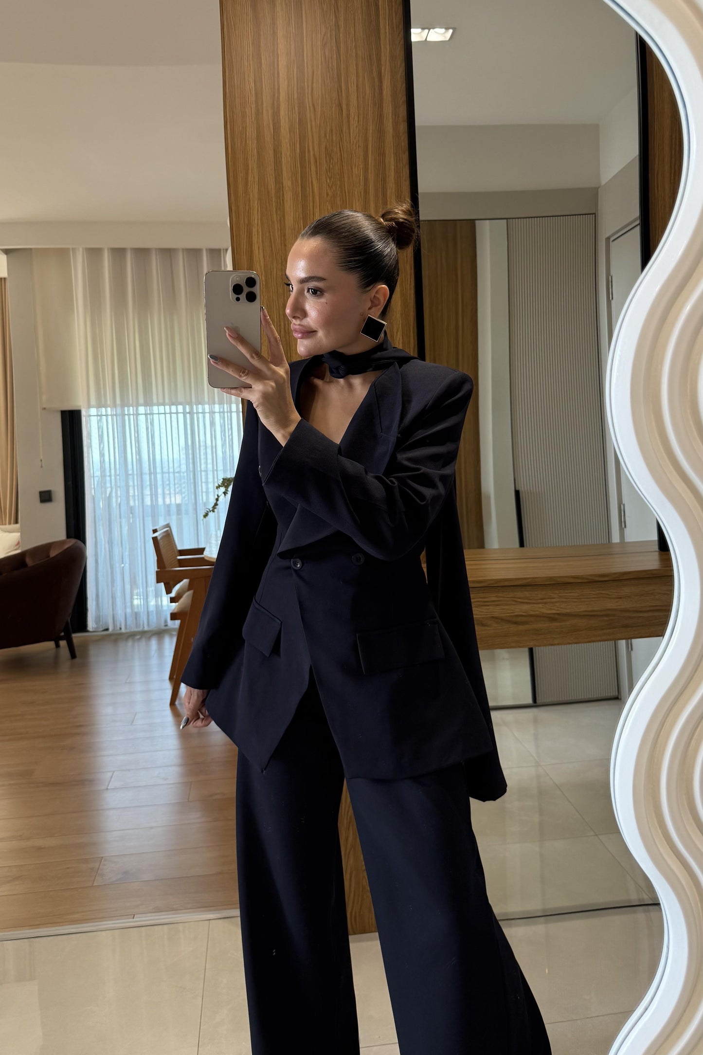 Liner Lacivert Şallı Kruvaze Ceket ve Palazzo Pantolon Premium Tasarım Takım