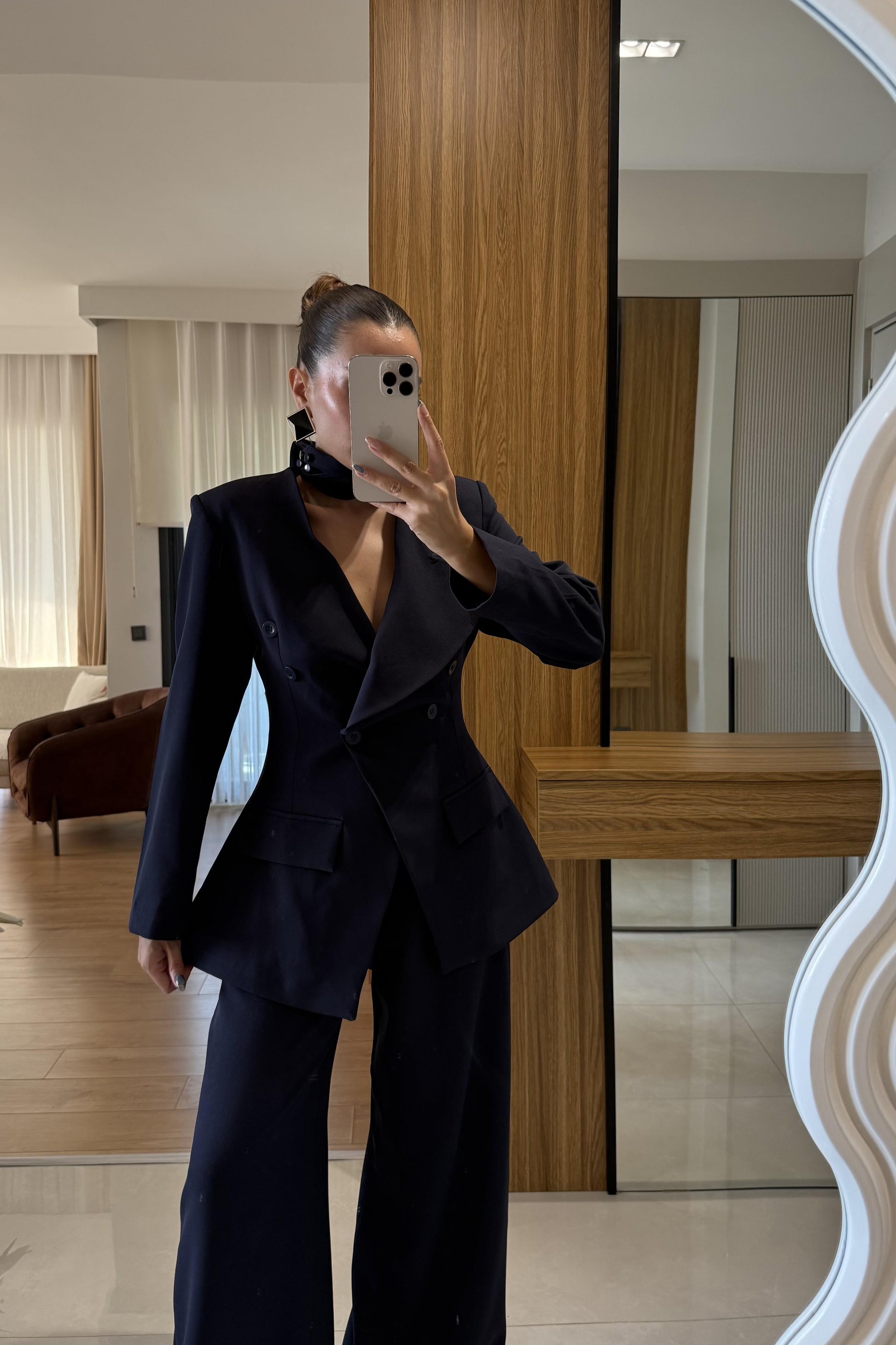 Liner Lacivert Şallı Kruvaze Ceket ve Palazzo Pantolon Premium Tasarım Takım