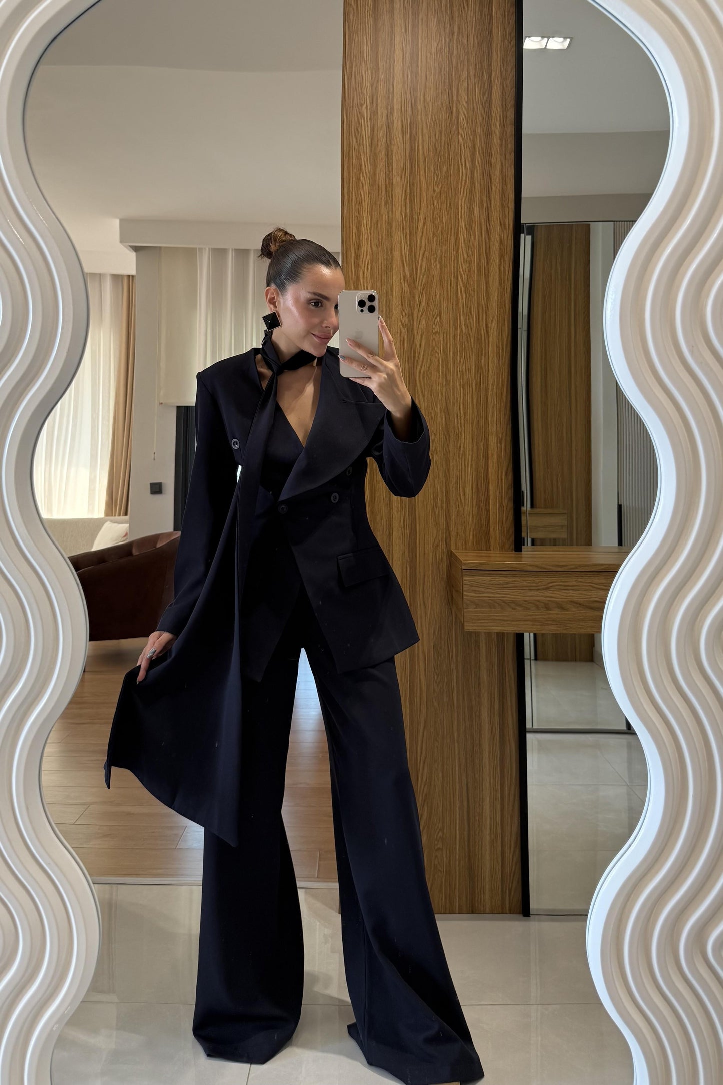Liner Lacivert Şallı Kruvaze Ceket ve Palazzo Pantolon Premium Tasarım Takım