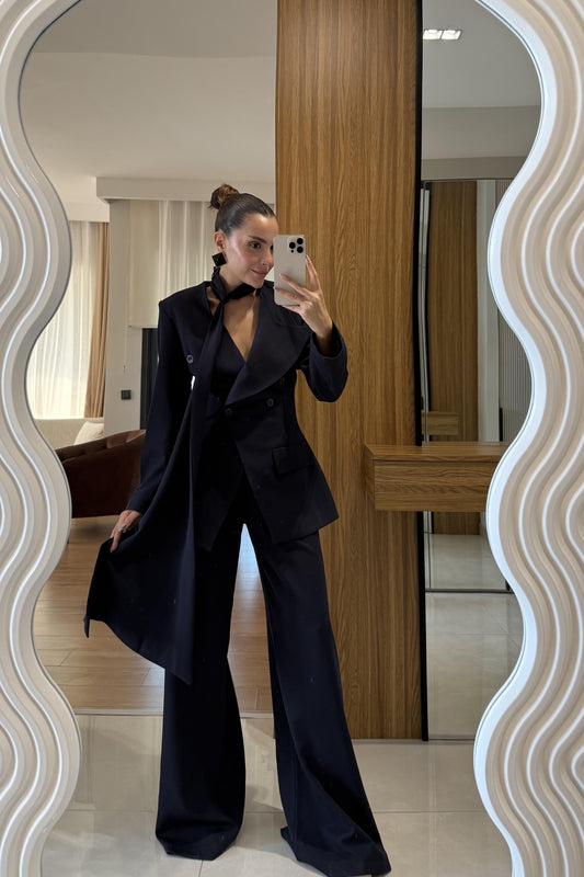 Liner Lacivert Şallı Kruvaze Ceket ve Palazzo Pantolon Premium Tasarım Takım