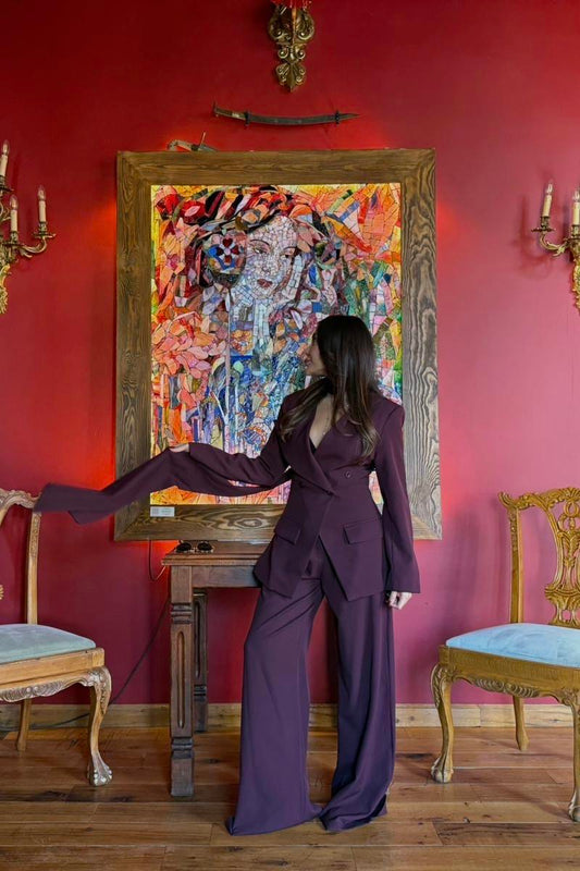 Liner Mürdüm Şallı Kruvaze Ceket ve Palazzo Pantolon Premium Tasarım Takım