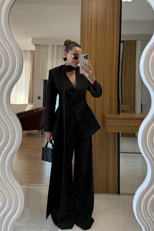Liner Siyah Şallı Kruvaze Ceket ve Palazzo Pantolon Premium Tasarım Takım