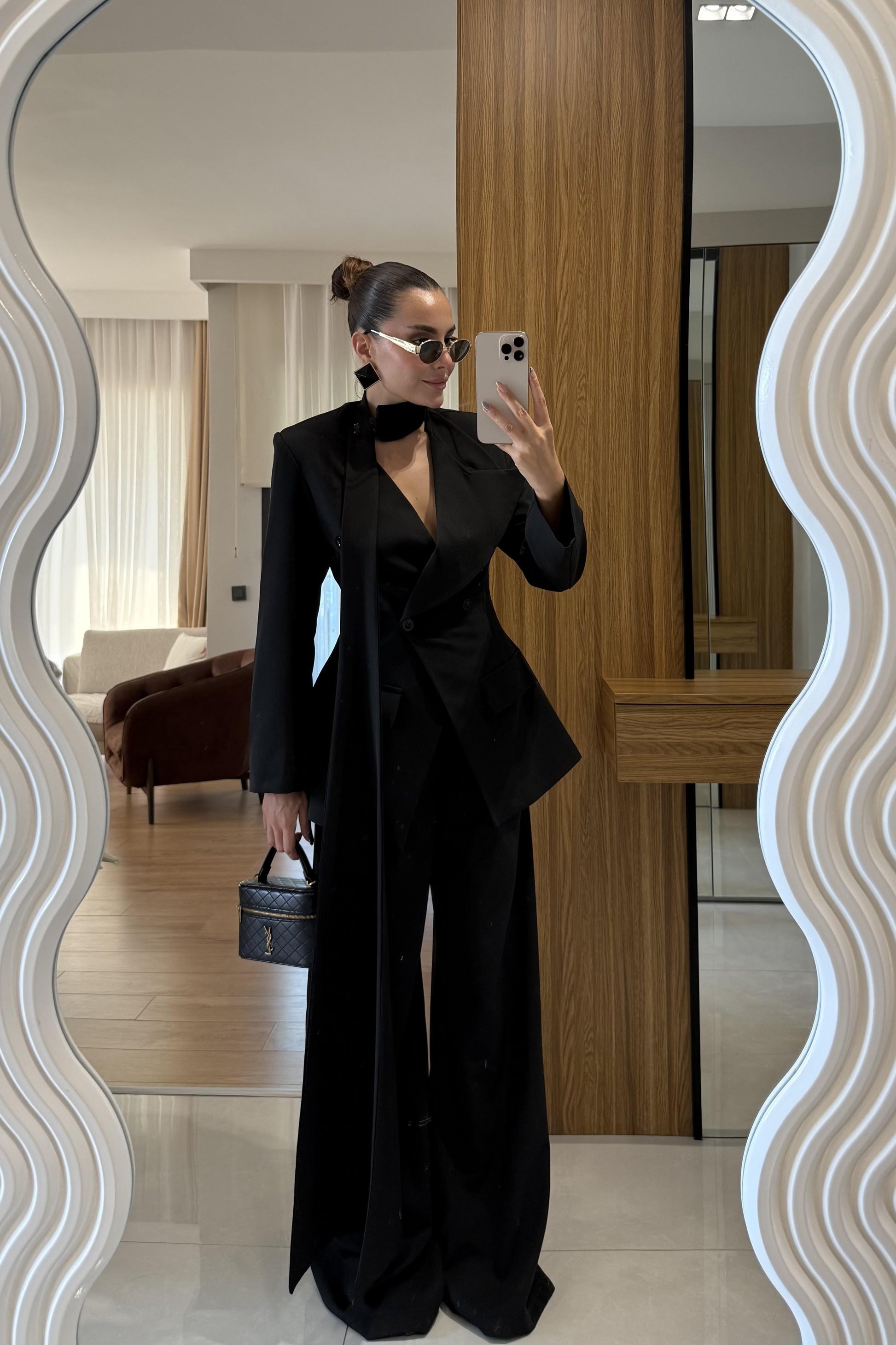 Liner Siyah Şallı Kruvaze Ceket ve Palazzo Pantolon Premium Tasarım Takım