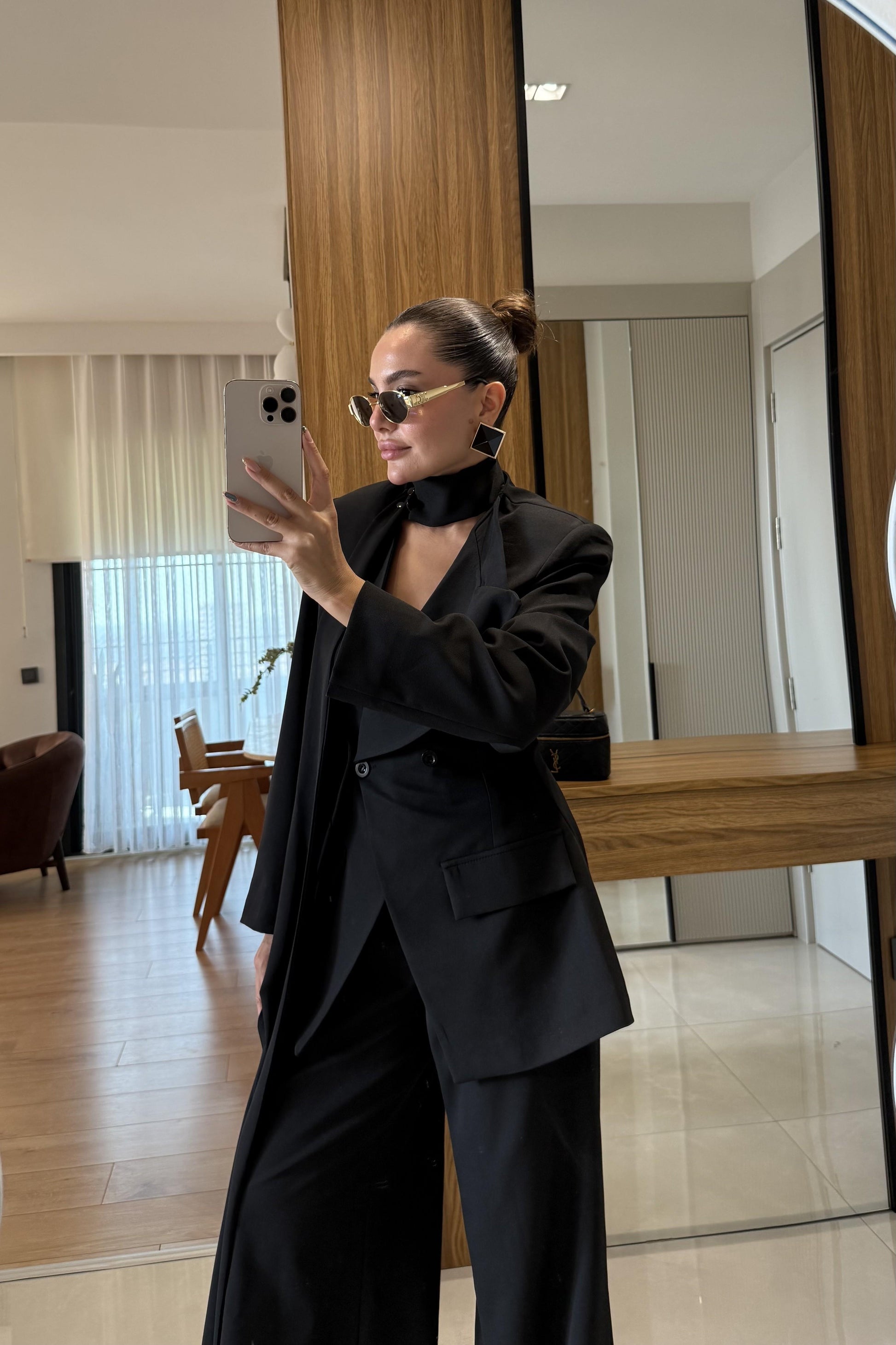 Liner Siyah Şallı Kruvaze Ceket ve Palazzo Pantolon Premium Tasarım Takım