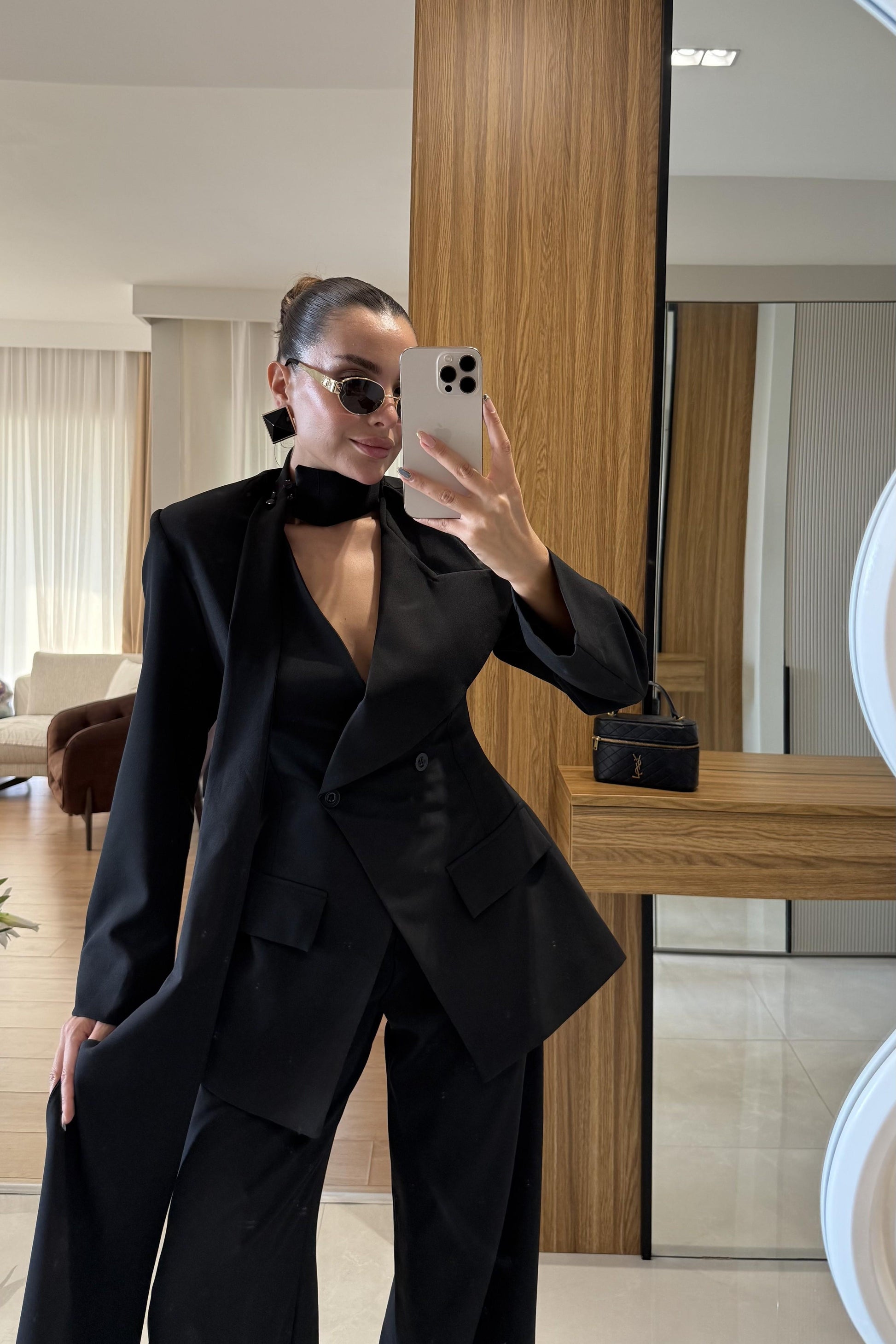 Liner Siyah Şallı Kruvaze Ceket ve Palazzo Pantolon Premium Tasarım Takım