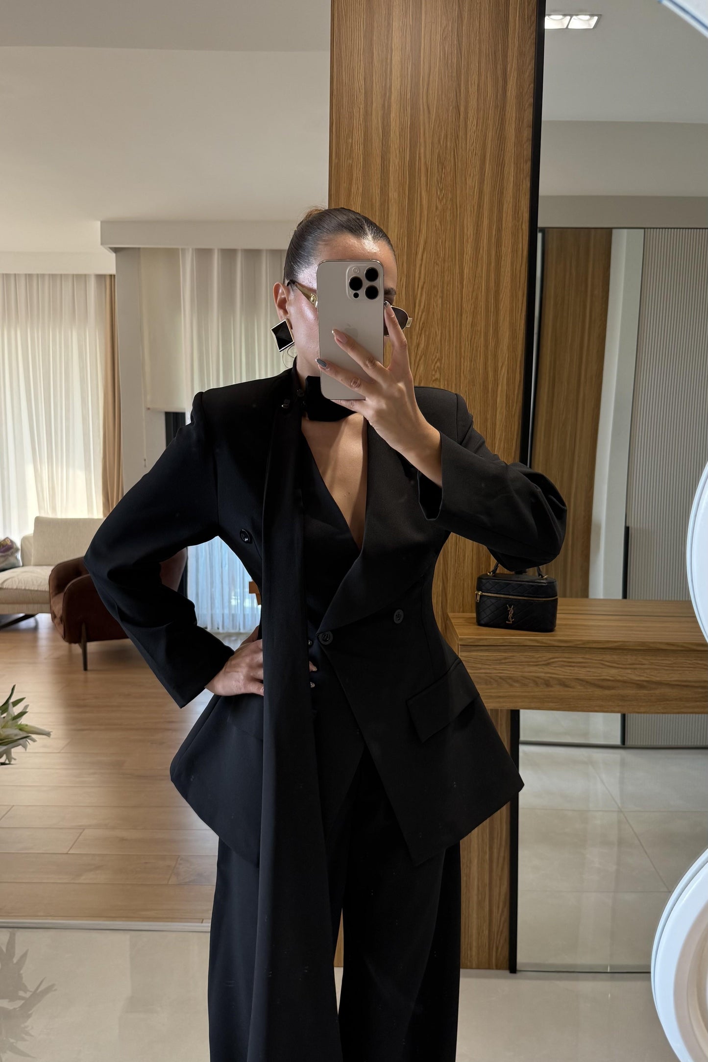 Liner Siyah Şallı Kruvaze Ceket ve Palazzo Pantolon Premium Tasarım Takım