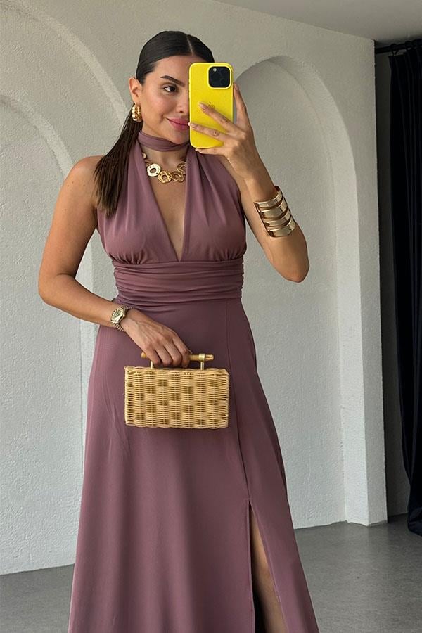 Lively Boyundan Bağlamalı Sırt Dekolteli Elbise-Gül Kurusu