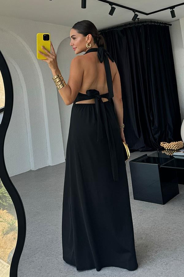 Lively Boyundan Bağlamalı Sırt Dekolteli Elbise-Siyah