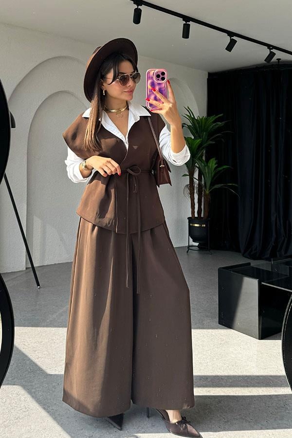 Lola Bağlamalı Geniş Paça Acı Kahve Takım