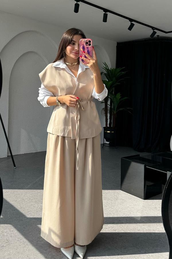 Lola Bağlamalı Geniş Paça Krem Takım