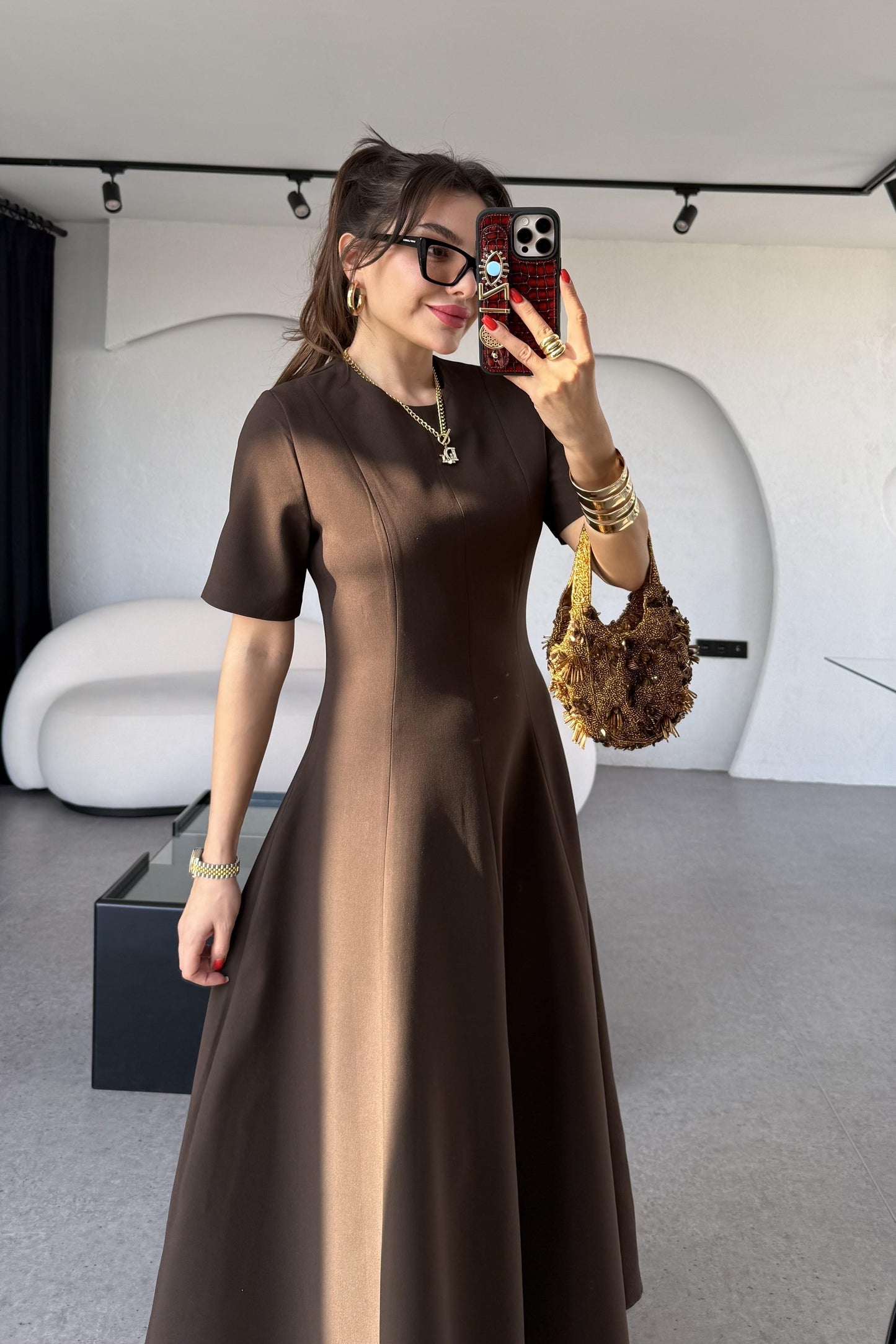 Long Kahve Kısa Kollu Volanlı Elbise