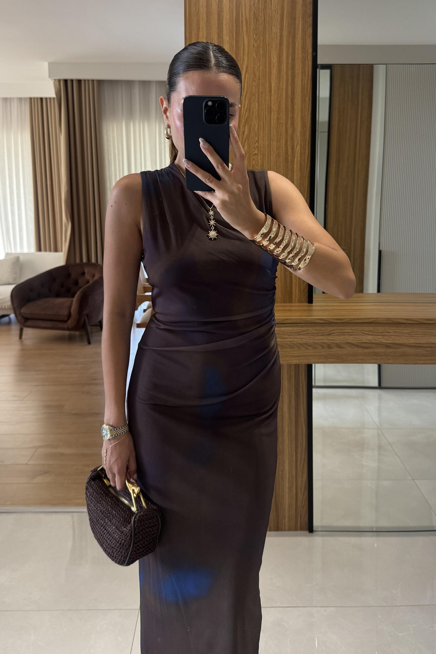 Lonya Kahverengi Tül Astarlı Elbise