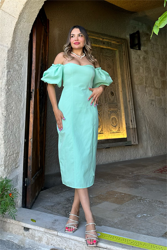 Lovely sırt dekolteli midi elbise - Su yeşili