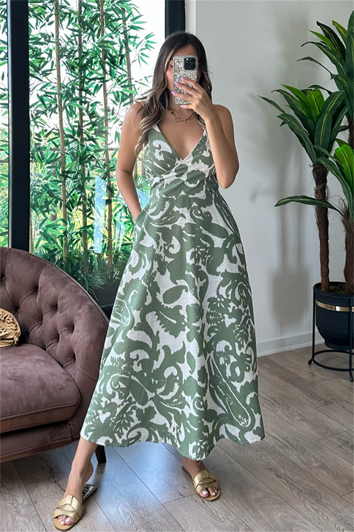 Luciana keten kruvaze elbise - Yeşil