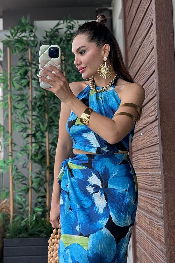 Lulu Mavi Desenli Yırtmaçlı Etek Crop Takım