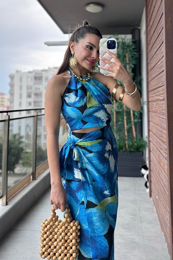 Lulu Mavi Desenli Yırtmaçlı Etek Crop Takım