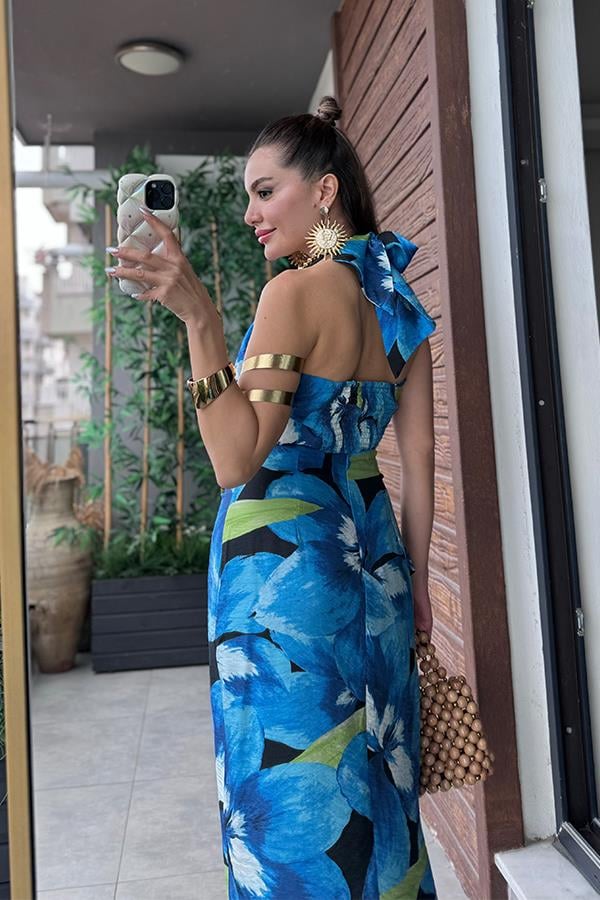 Lulu Mavi Desenli Yırtmaçlı Etek Crop Takım