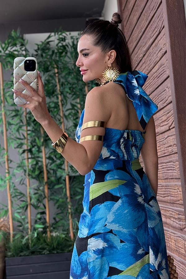 Lulu Mavi Desenli Yırtmaçlı Etek Crop Takım