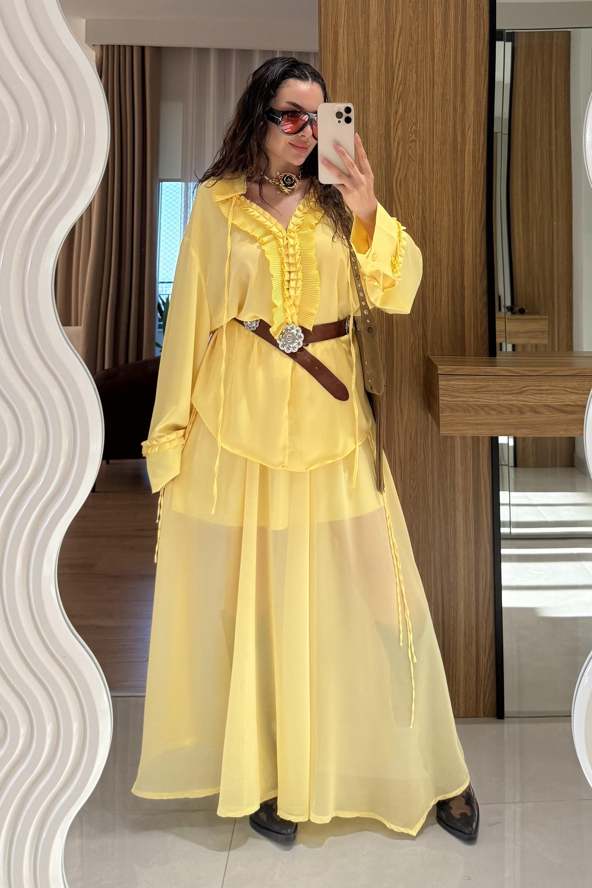 Lumina Sarı Şifon Etekli Takım