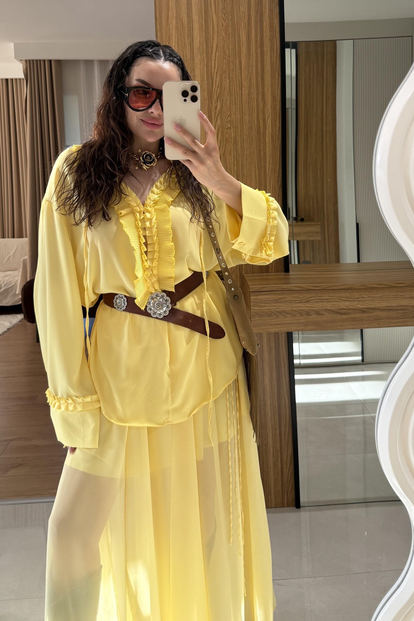 Lumina Sarı Şifon Etekli Takım