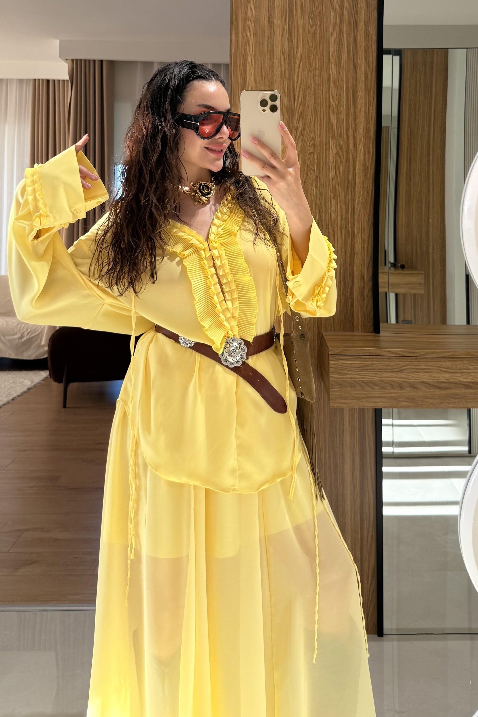 Lumina Sarı Şifon Etekli Takım